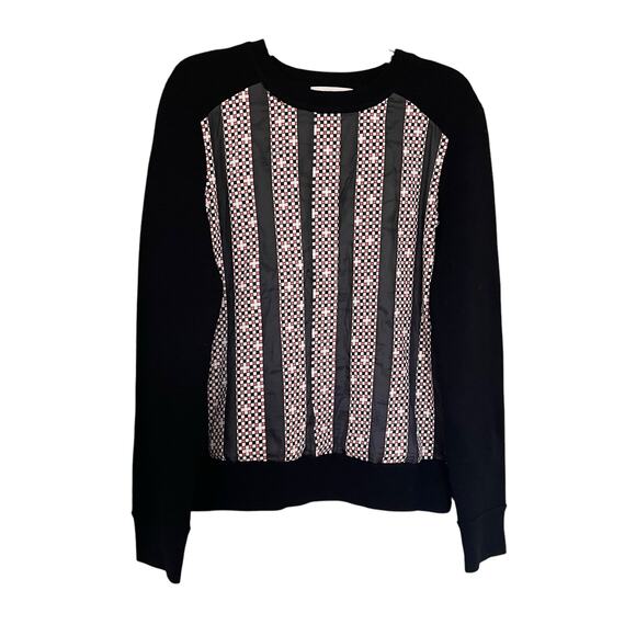 Tory Burch Black Merino Wool Geometric Striped Silk Panel Crewneck Sweater Sz XS - Picture 3 of 8